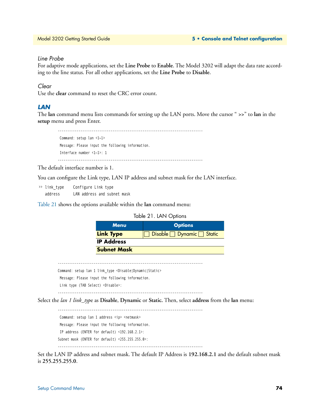 Patton electronic 3202 manual Clear, IP Address Subnet Mask 