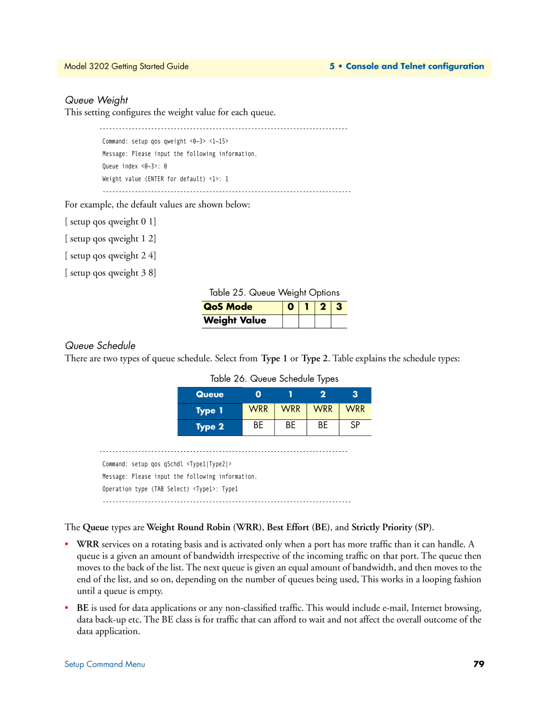 Patton electronic 3202 manual Queue Weight, Queue Schedule, QoS Mode Weight Value 