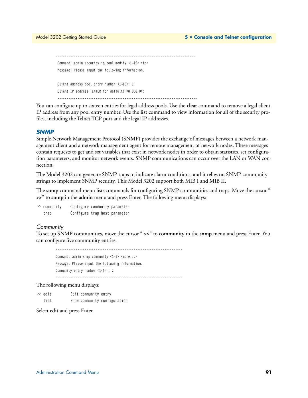 Patton electronic 3202 manual Snmp, Community 