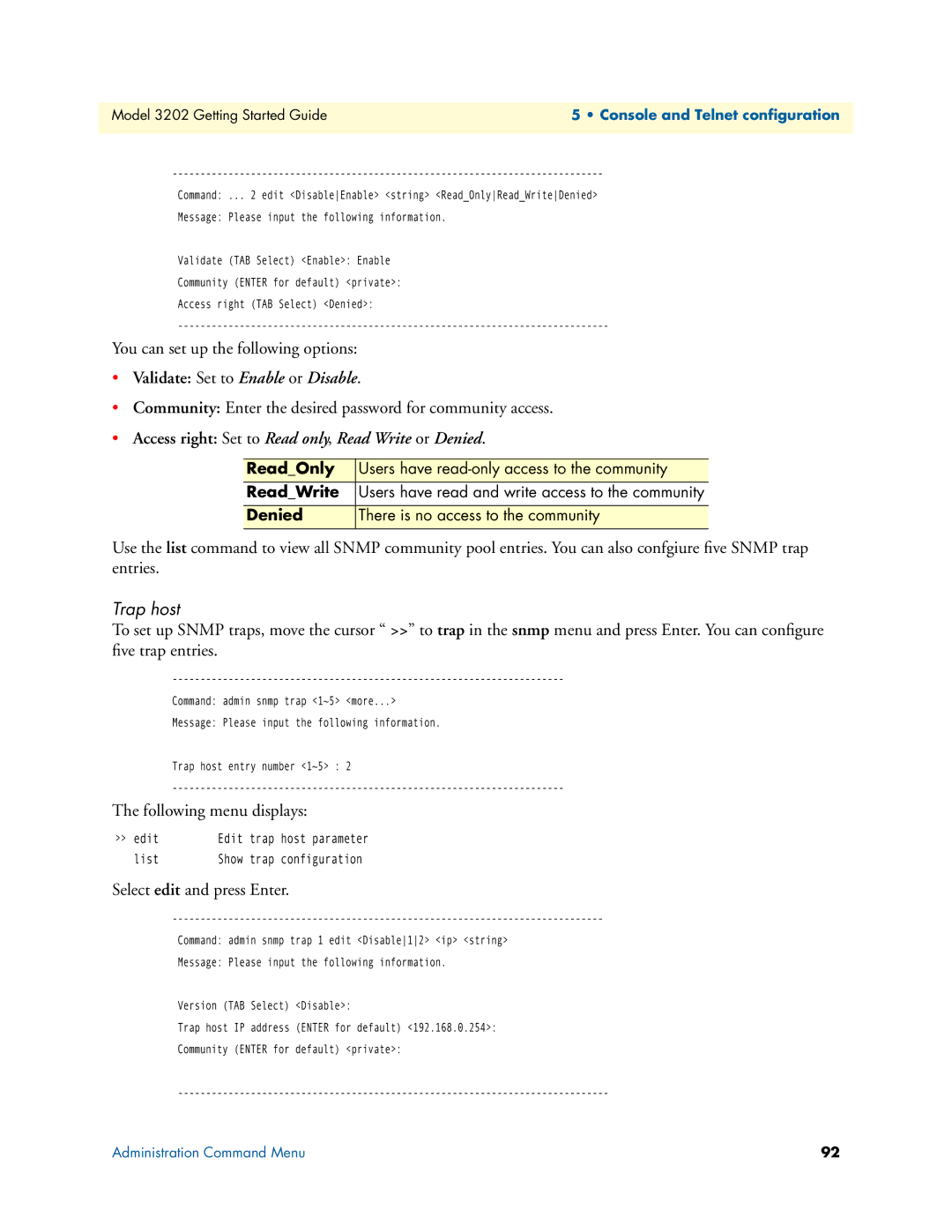 Patton electronic 3202 manual Trap host, ReadOnly, ReadWrite, Denied 