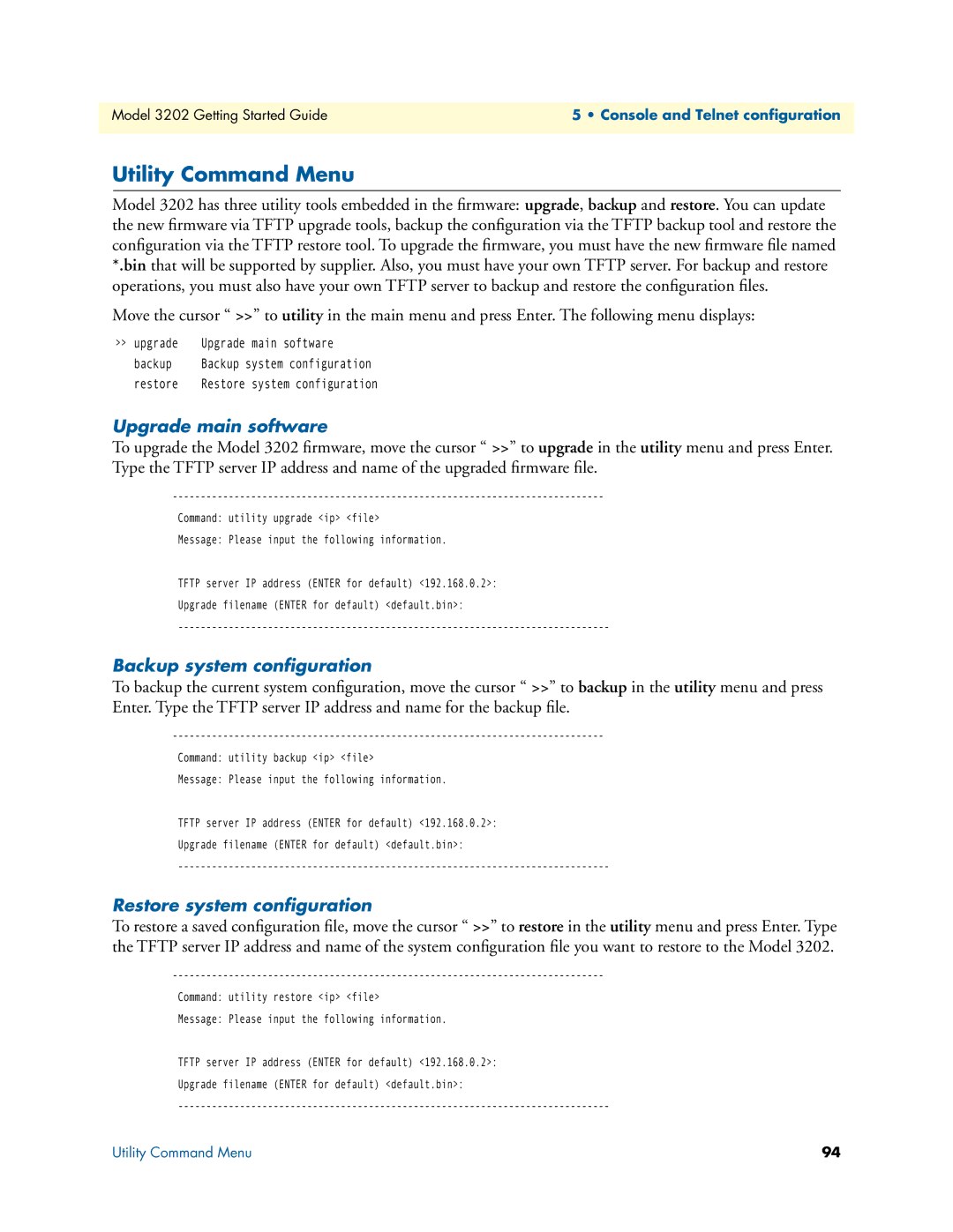 Patton electronic 3202 manual Utility Command Menu, Upgrade main software, Backup system conﬁguration 