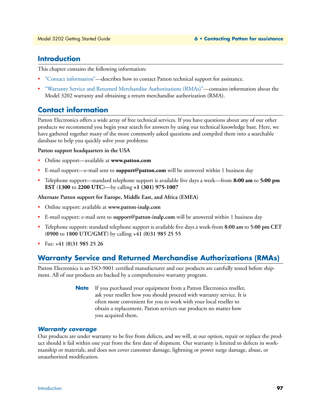 Patton electronic 3202 manual Contact information, Warranty coverage 