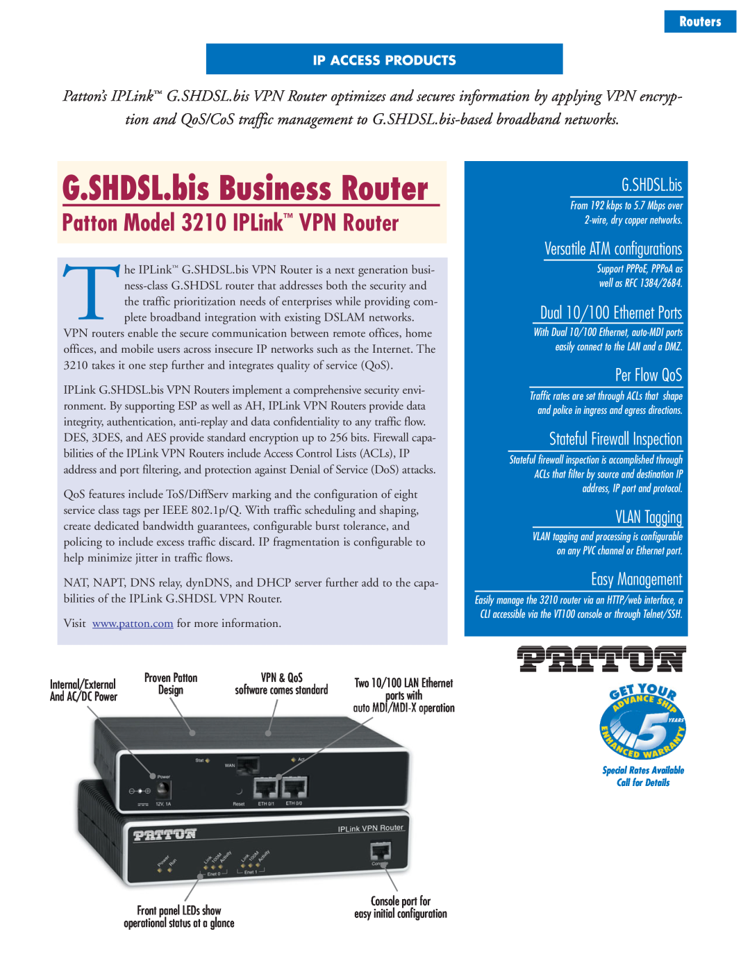 Patton electronic manual G.SHDSL.bis Business Router, Patton Model 3210 IPLink VPN Router, Per Flow QoS, VLAN Tagging 