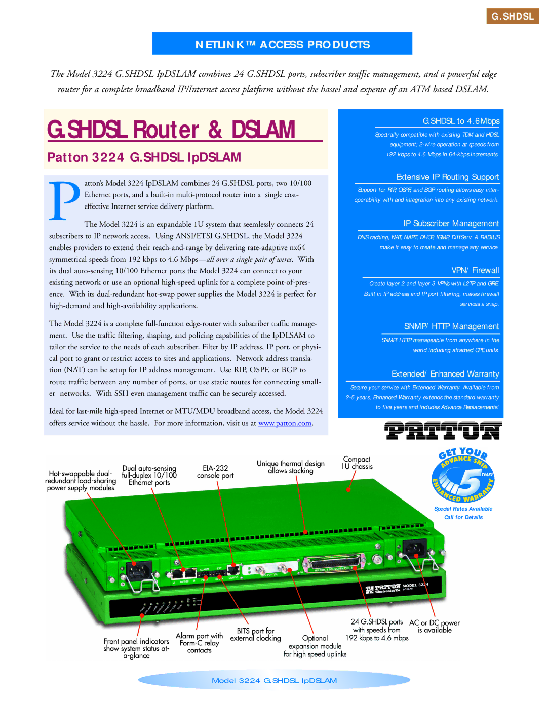 Patton electronic 3224 warranty Shdsl Router & Dslam 