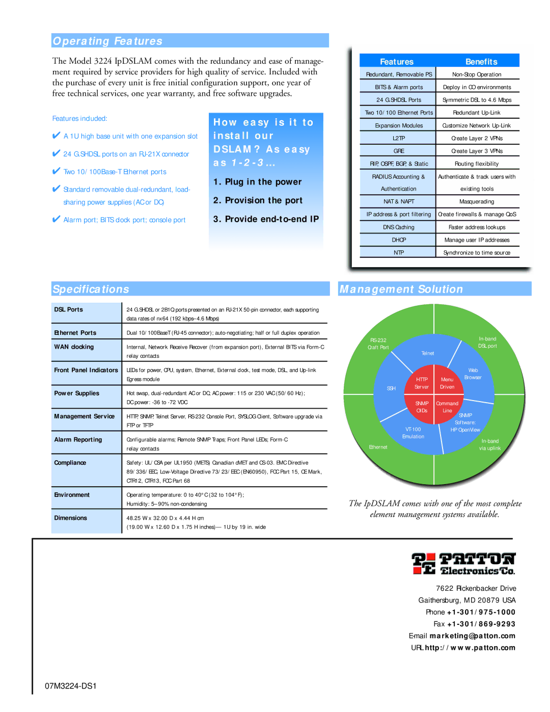 Patton electronic 3224 warranty Operating Features, Specifications, Management Solution 