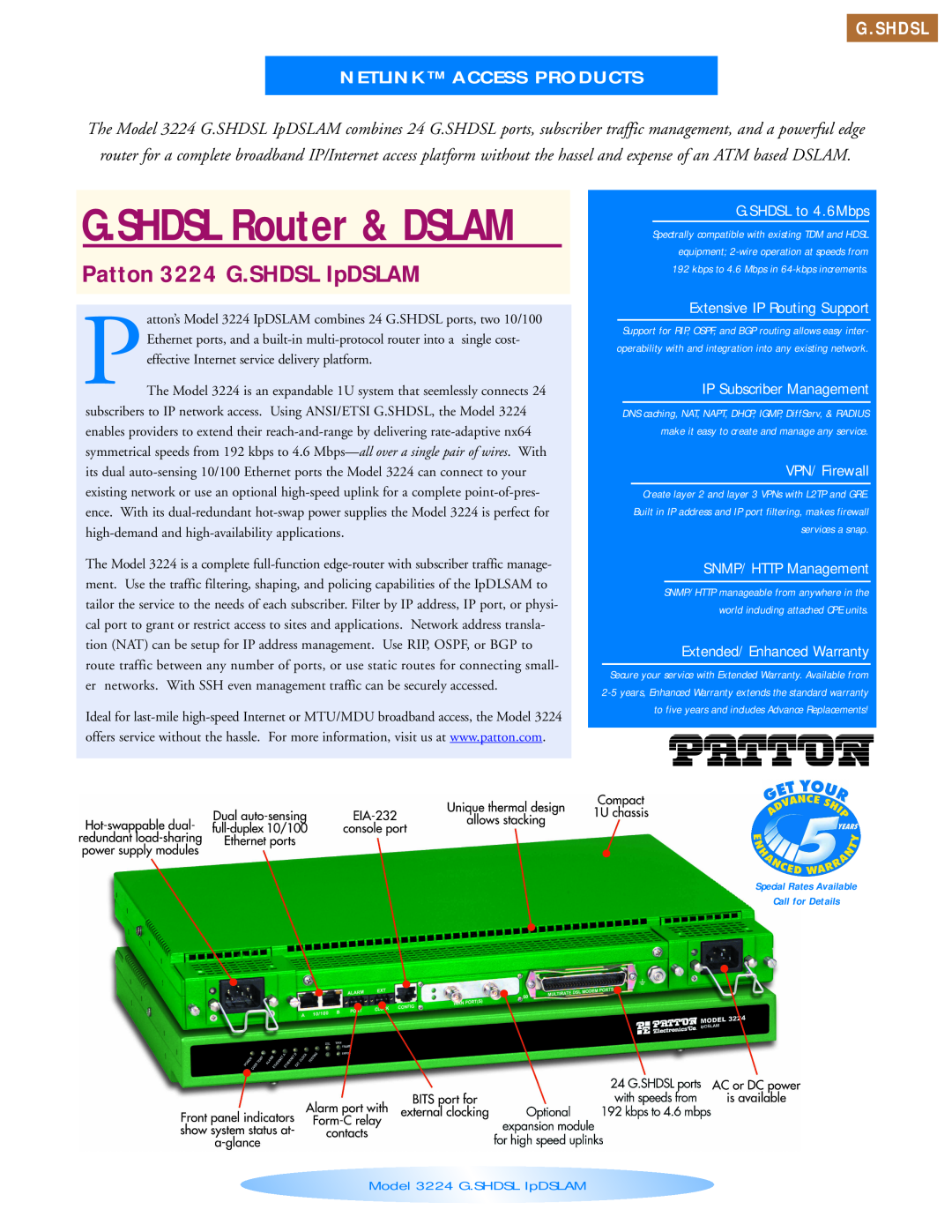 Patton electronic warranty G.Shdsl, G.SHDSL Router & DSLAM, Patton 3224 G.SHDSL IpDSLAM, G.SHDSL to 4.6Mbps 
