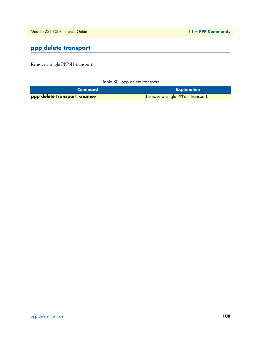 Patton electronic 3231 manual Ppp delete transport, Remove a single PPPoH transport 