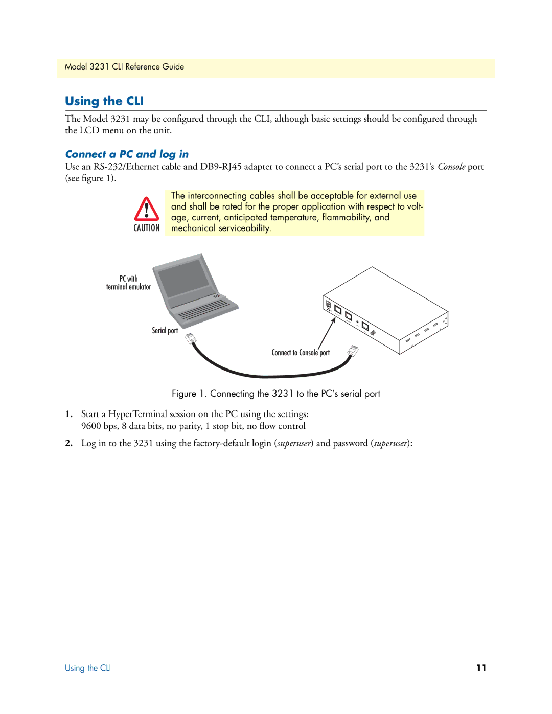 Patton electronic 3231 manual Using the CLI, Connect a PC and log 