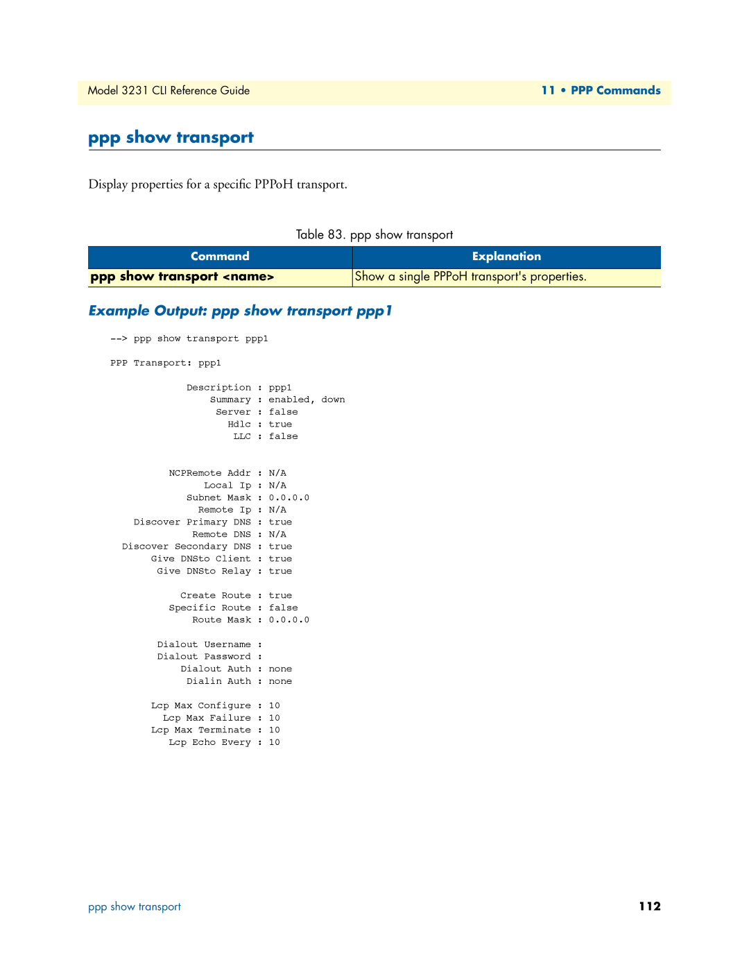 Patton electronic 3231 manual Ppp show transport, Display properties for a speciﬁc PPPoH transport 