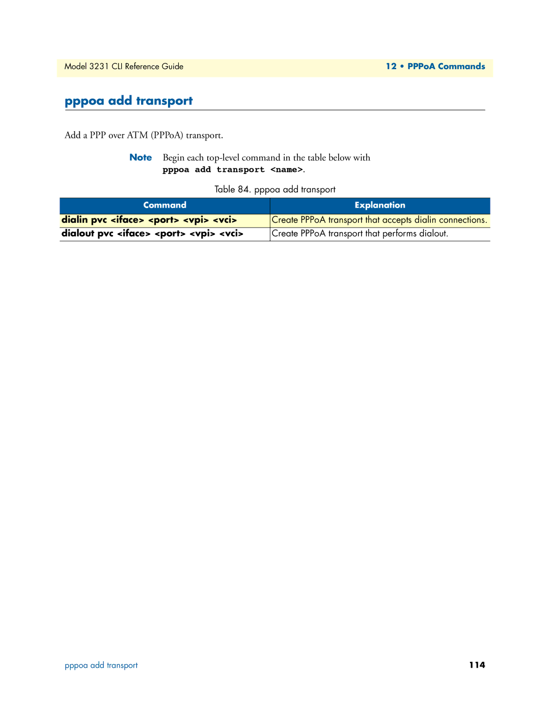 Patton electronic 3231 manual Add a PPP over ATM PPPoA transport, Pppoa add transport name 