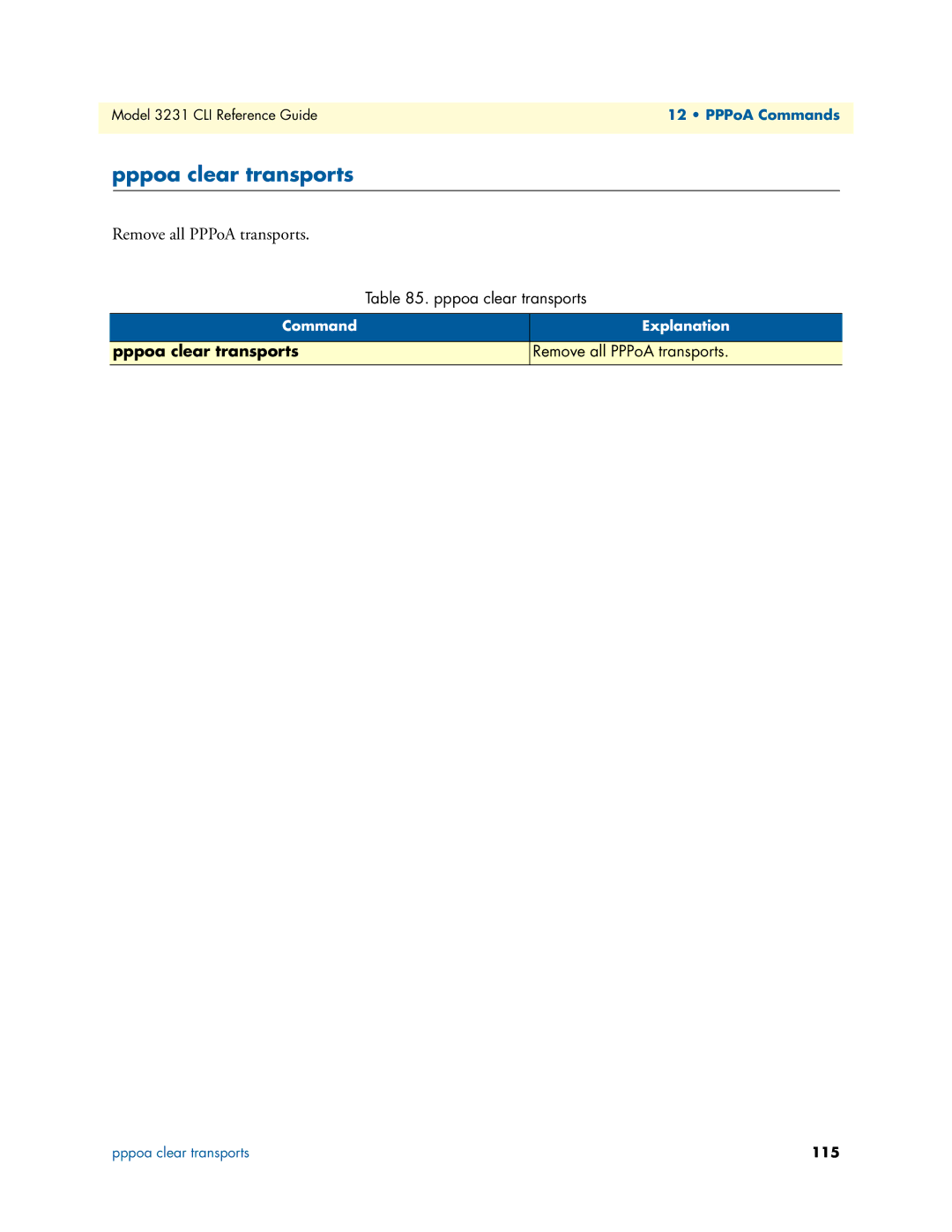 Patton electronic 3231 manual Pppoa clear transports, Remove all PPPoA transports 