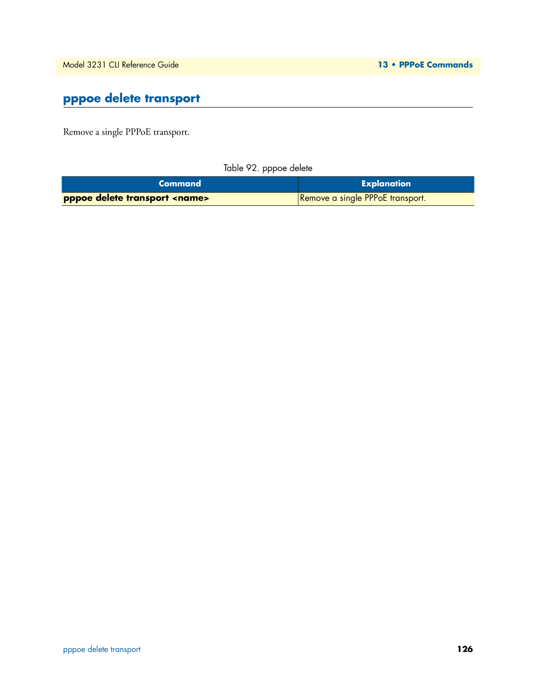 Patton electronic 3231 manual Pppoe delete transport, Remove a single PPPoE transport 