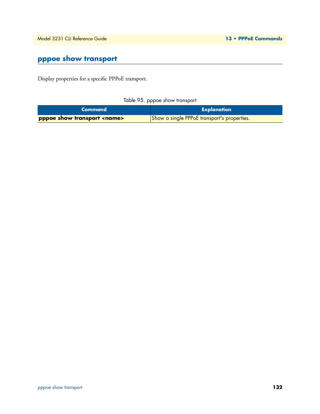 Patton electronic 3231 manual Pppoe show transport, Display properties for a speciﬁc PPPoE transport 