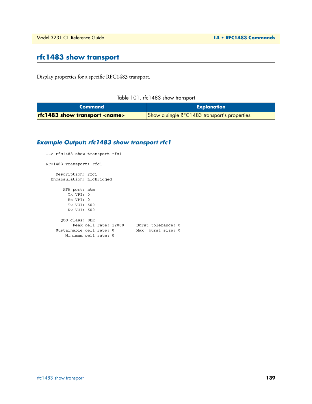 Patton electronic 3231 manual Rfc1483 show transport, Display properties for a speciﬁc RFC1483 transport 