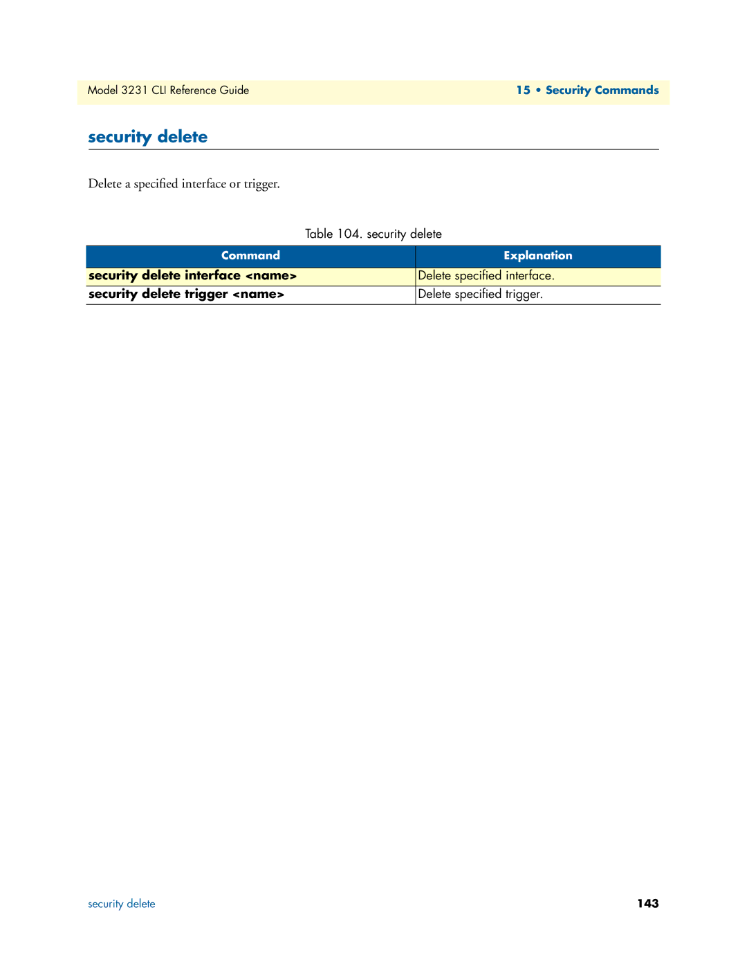 Patton electronic 3231 manual Delete a speciﬁed interface or trigger, Security delete interface name 