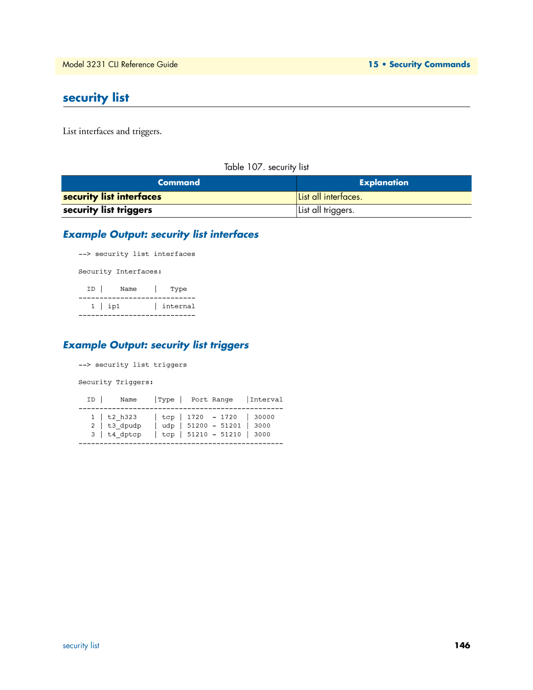 Patton electronic 3231 manual Security list, List interfaces and triggers, Example Output security list interfaces 