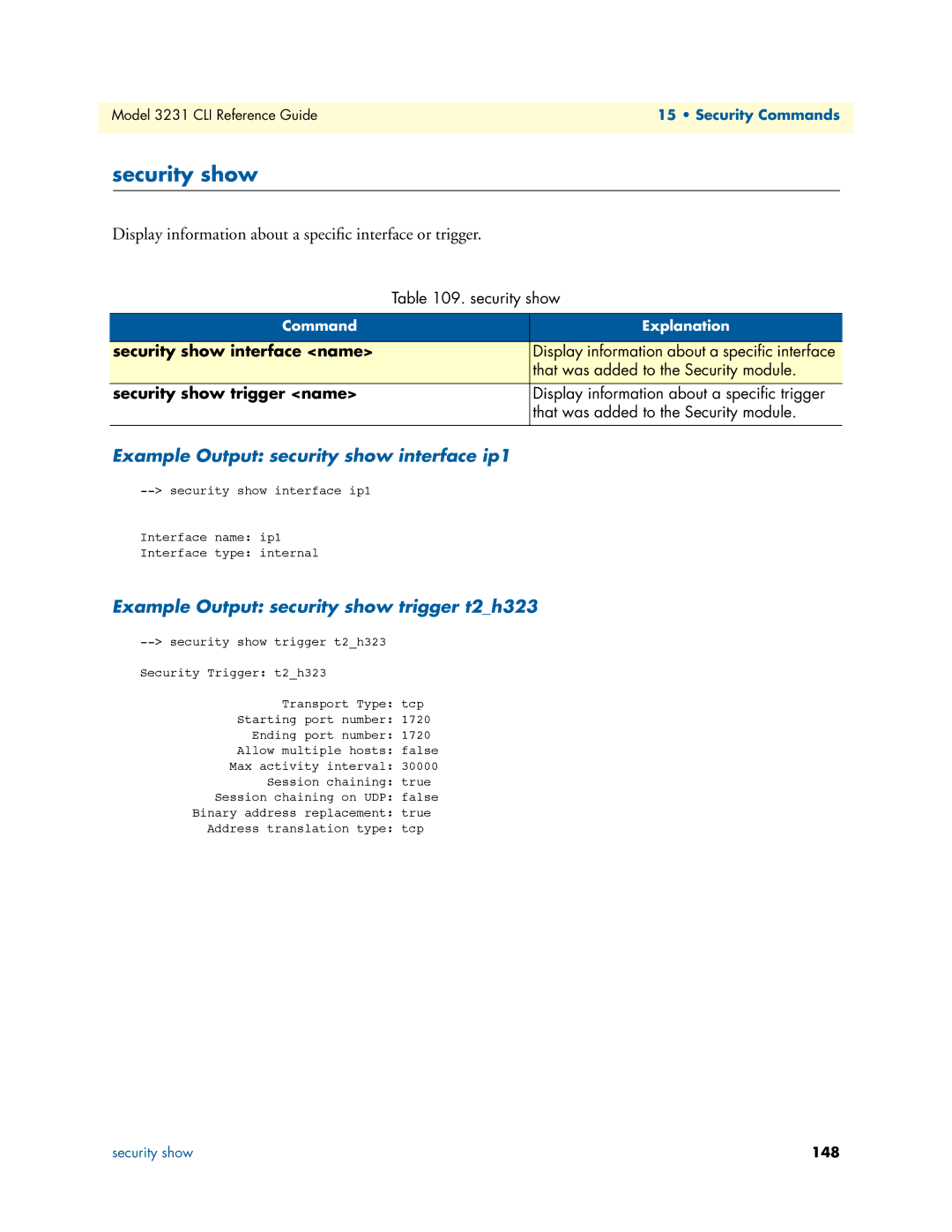 Patton electronic 3231 manual Security show, Display information about a speciﬁc interface or trigger 