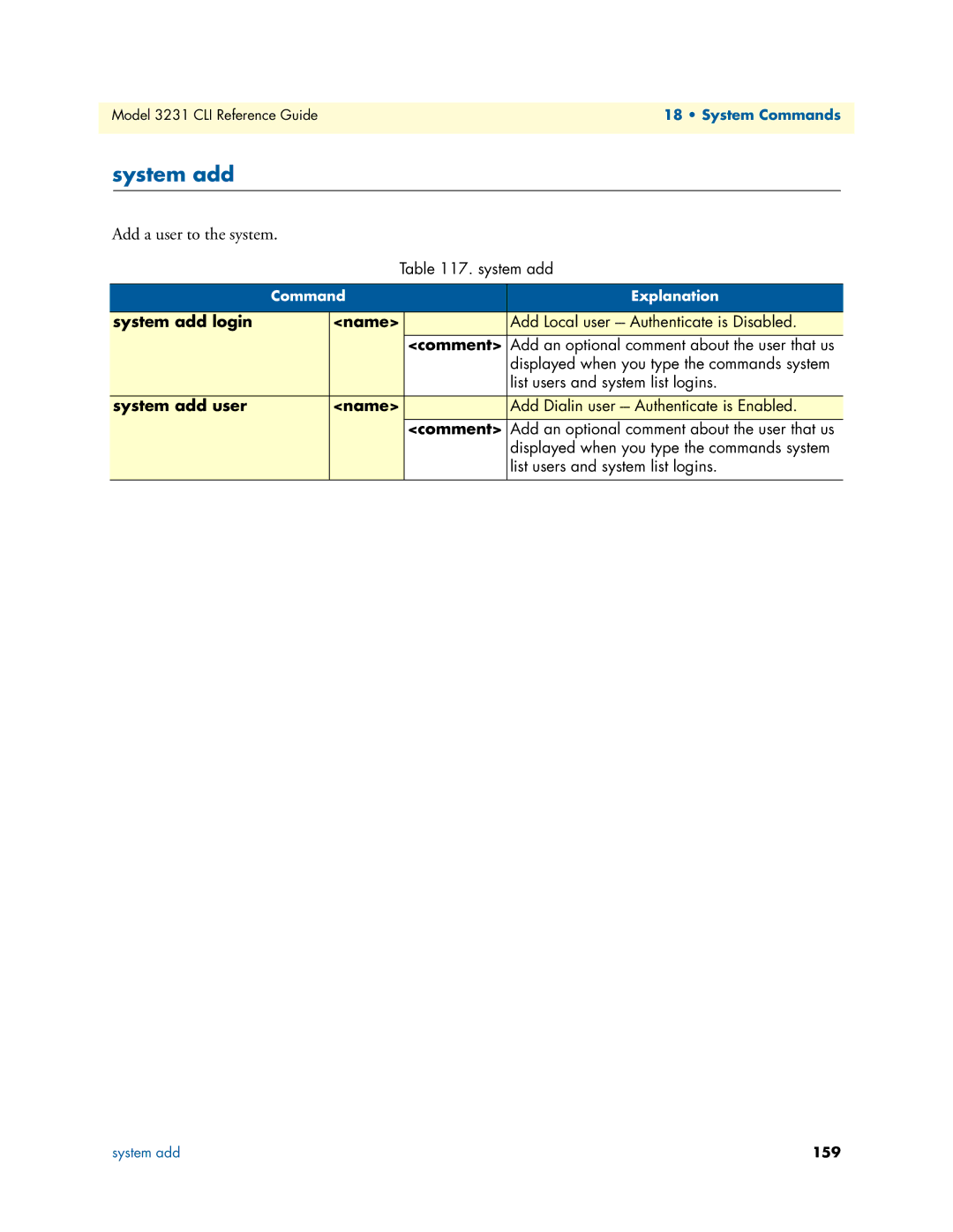 Patton electronic 3231 manual Add a user to the system, System add login Name, Comment, System add user Name 