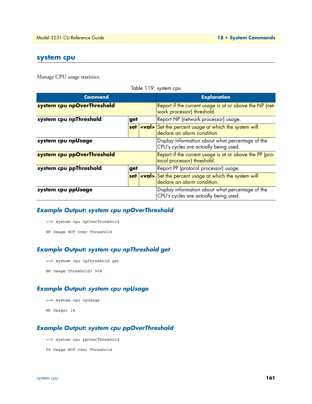 Patton electronic 3231 System cpu, Example Output system cpu npOverThreshold, Example Output system cpu npThreshold get 