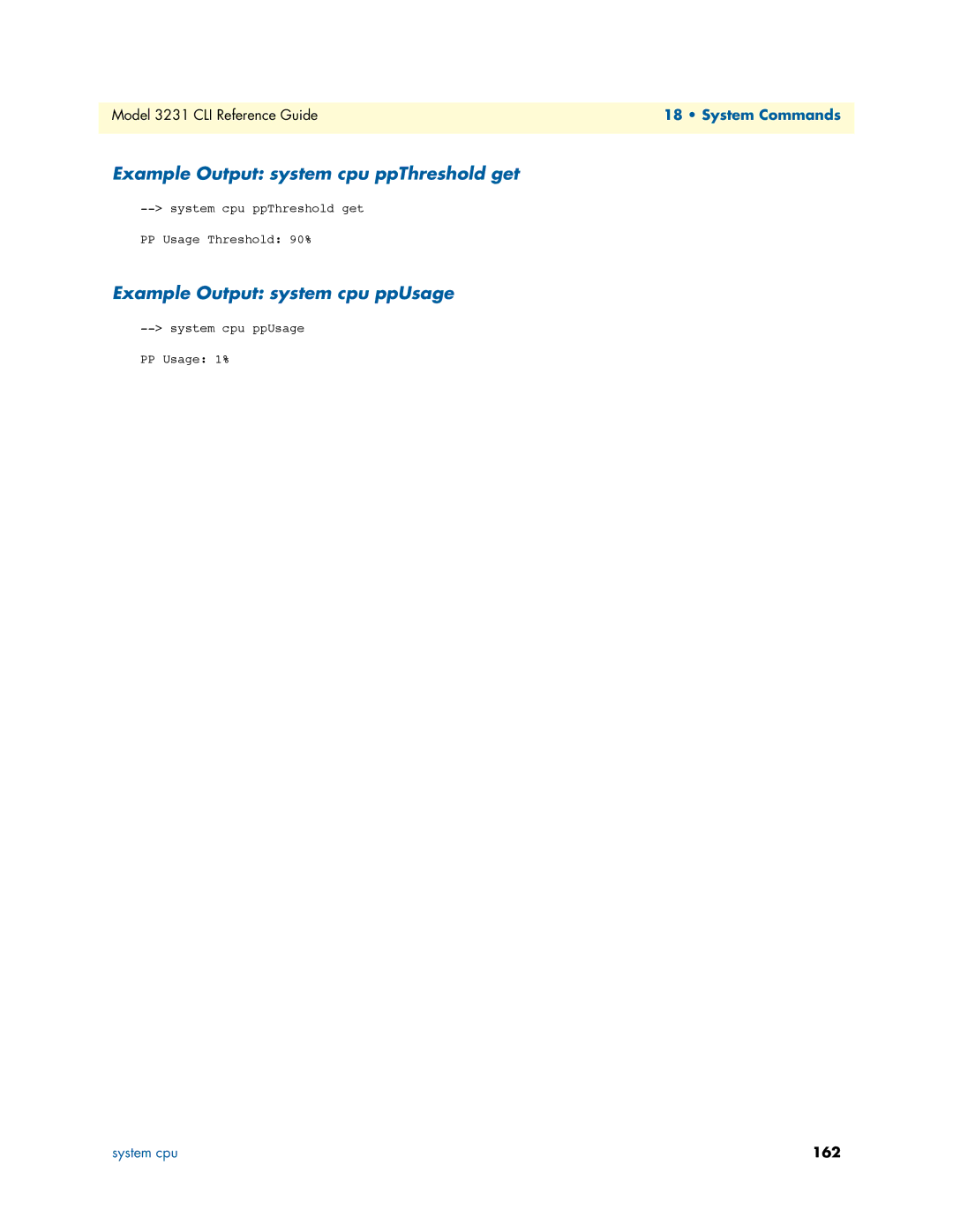 Patton electronic 3231 manual Example Output system cpu ppThreshold get, Example Output system cpu ppUsage 