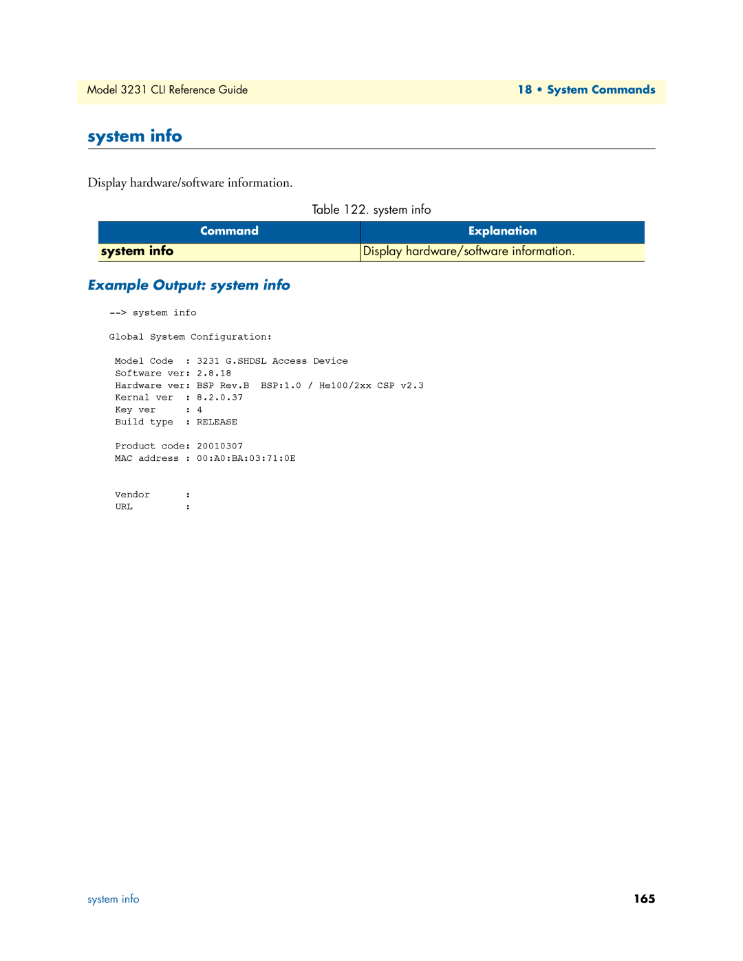 Patton electronic 3231 manual System info, Display hardware/software information, Example Output system info 