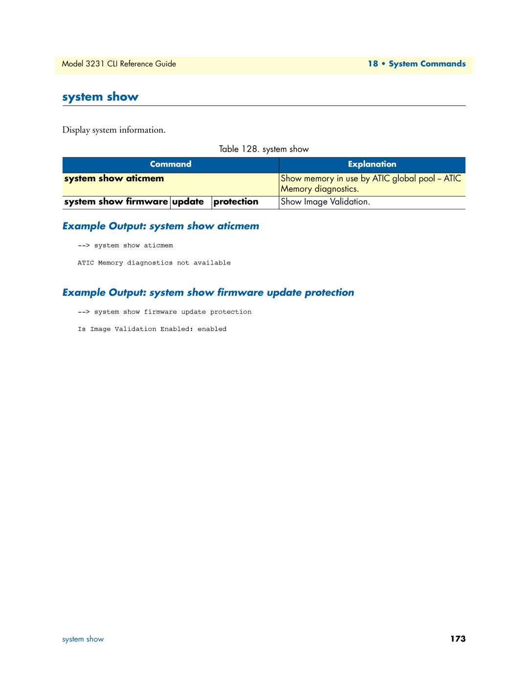 Patton electronic 3231 manual System show, Display system information, Example Output system show aticmem 