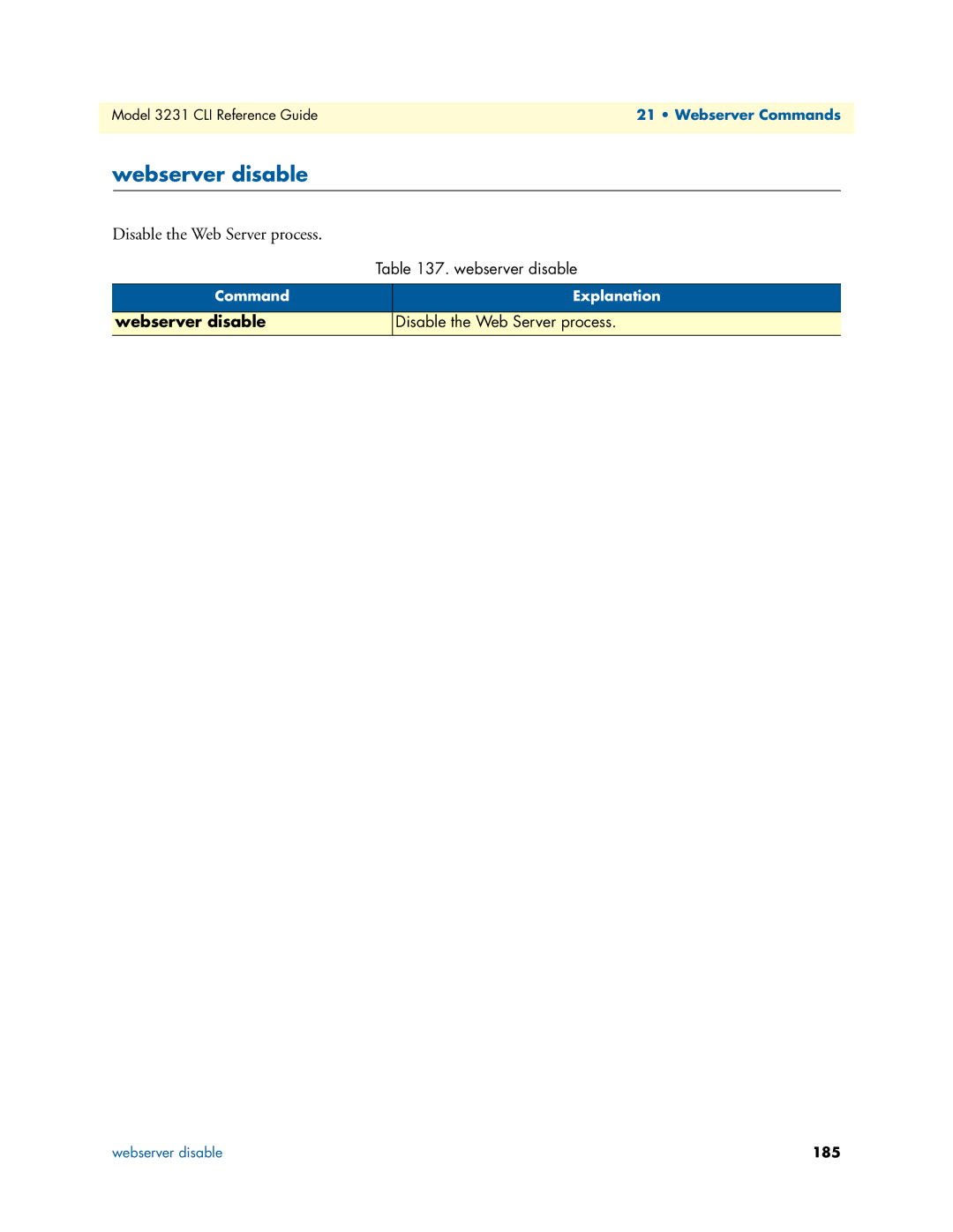 Patton electronic 3231 manual Webserver disable, Disable the Web Server process 