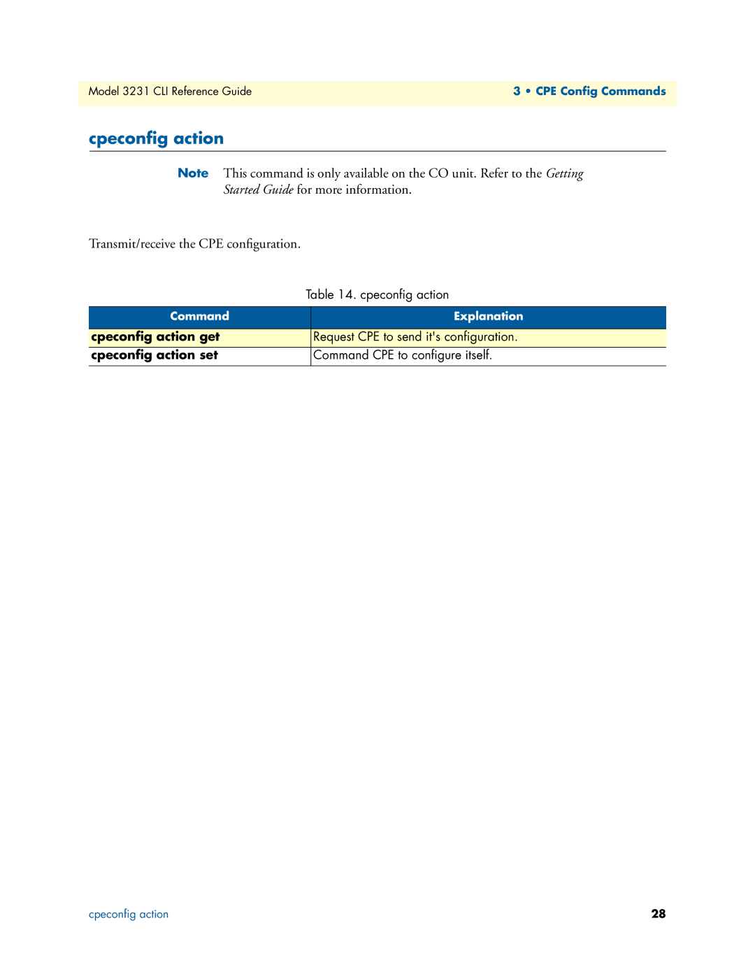 Patton electronic 3231 manual Cpeconﬁg action get, Cpeconﬁg action set 