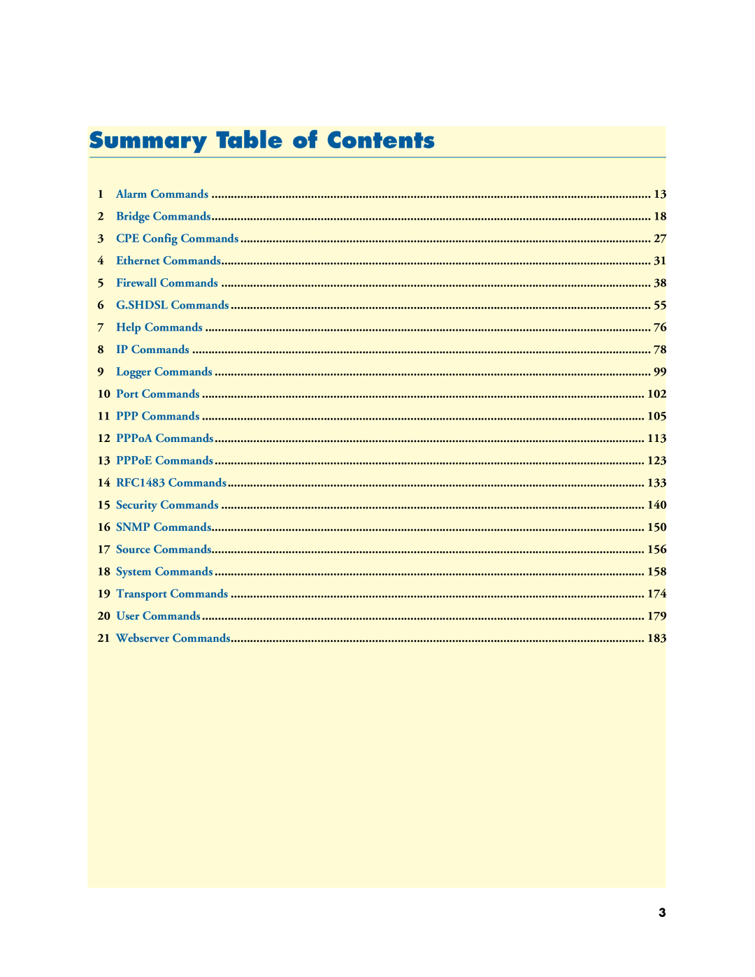 Patton electronic 3231 manual Summary Table of Contents 