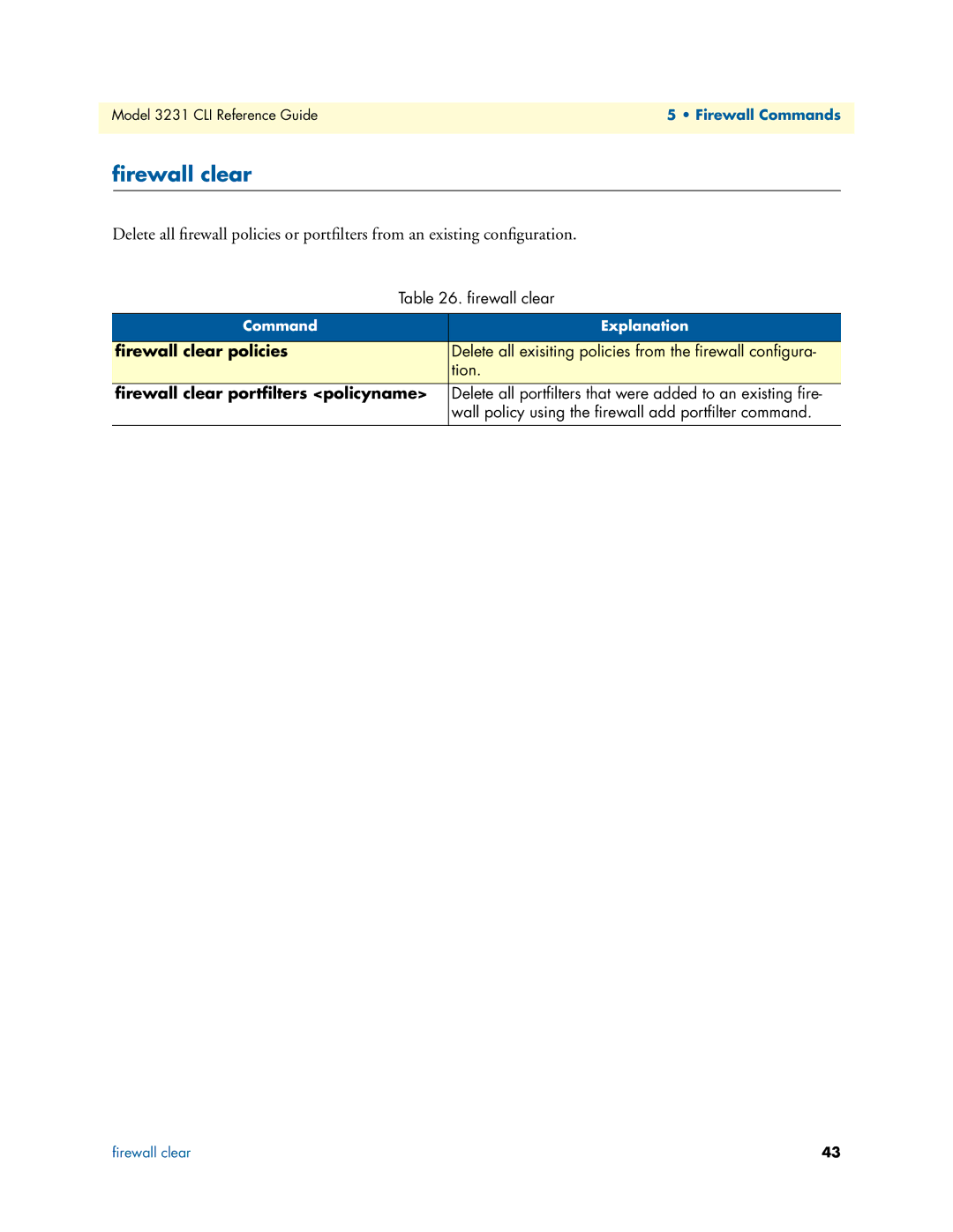 Patton electronic 3231 manual ﬁrewall clear policies, ﬁrewall clear portﬁlters policyname 