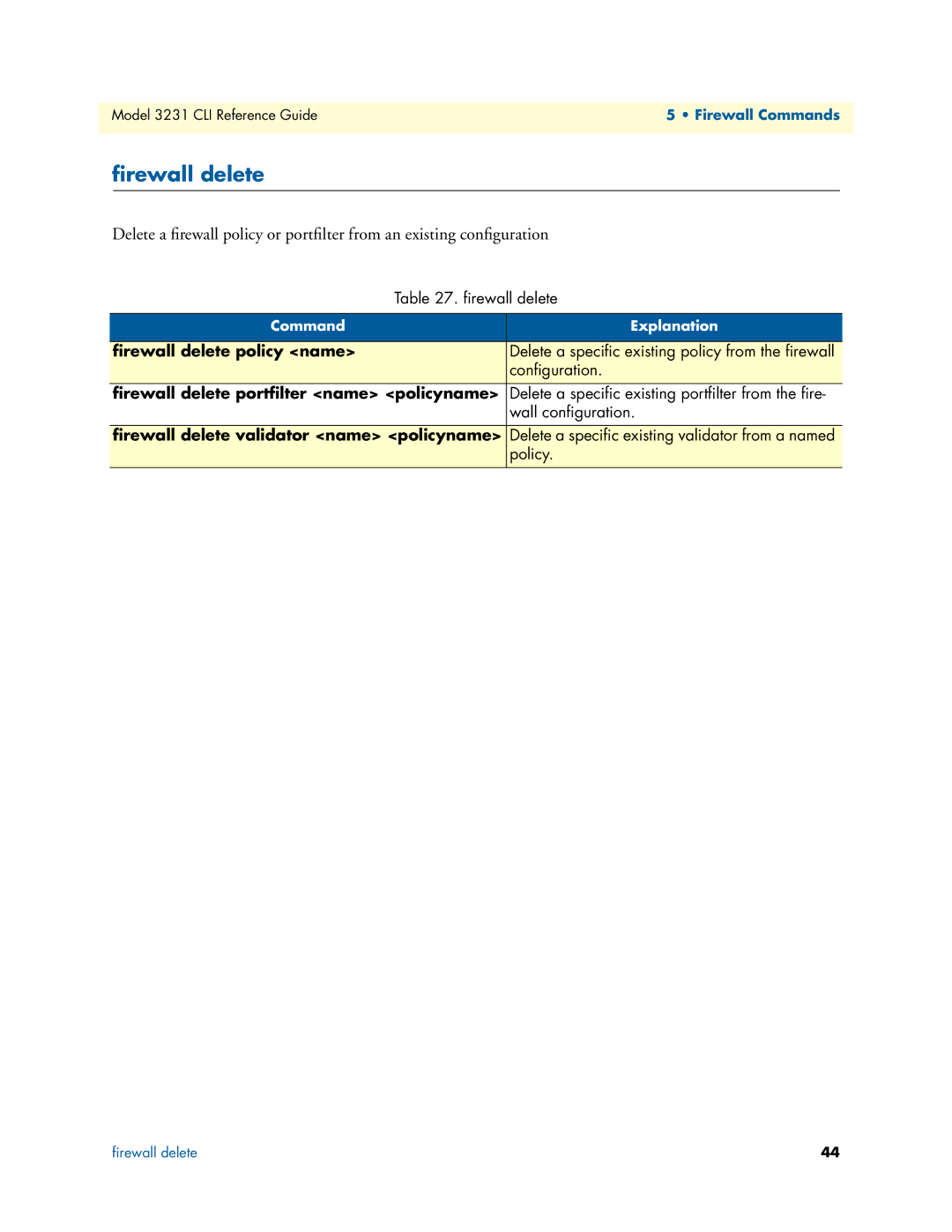 Patton electronic 3231 manual ﬁrewall delete policy name, ﬁrewall delete portﬁlter name policyname 