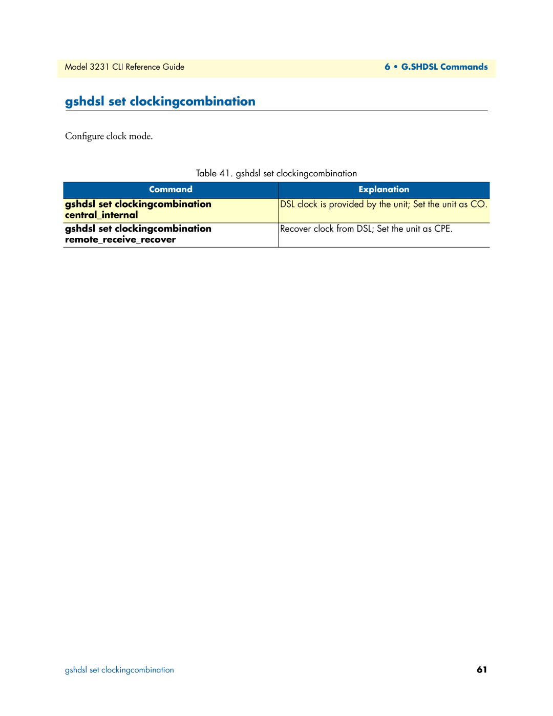 Patton electronic 3231 manual Gshdsl set clockingcombination, Conﬁgure clock mode 