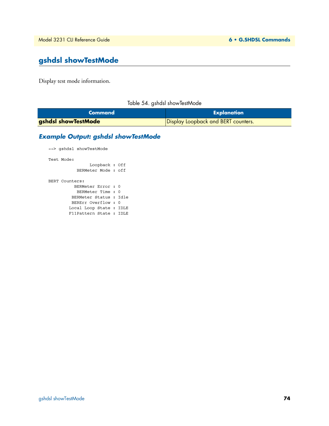 Patton electronic 3231 manual Gshdsl showTestMode, Display test mode information, Example Output gshdsl showTestMode 