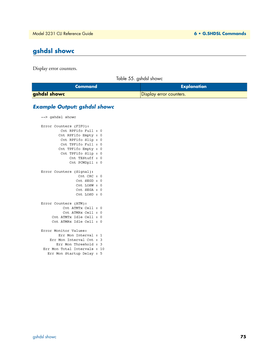 Patton electronic 3231 manual Gshdsl showc, Display error counters, Example Output gshdsl showc 