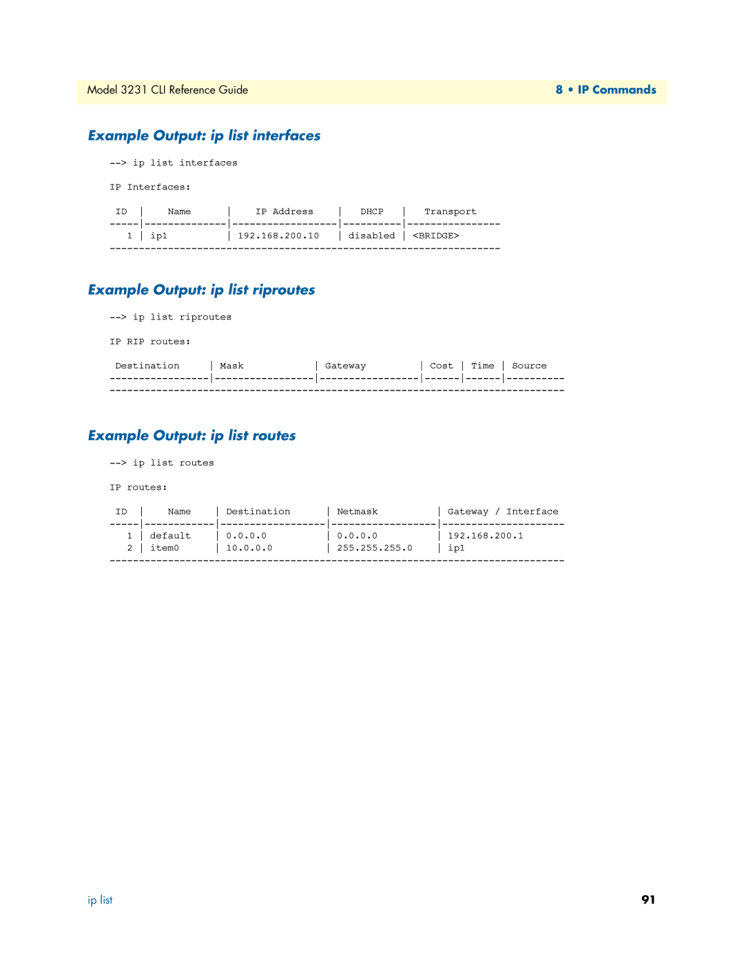 Patton electronic 3231 Example Output ip list interfaces, Example Output ip list riproutes, Example Output ip list routes 