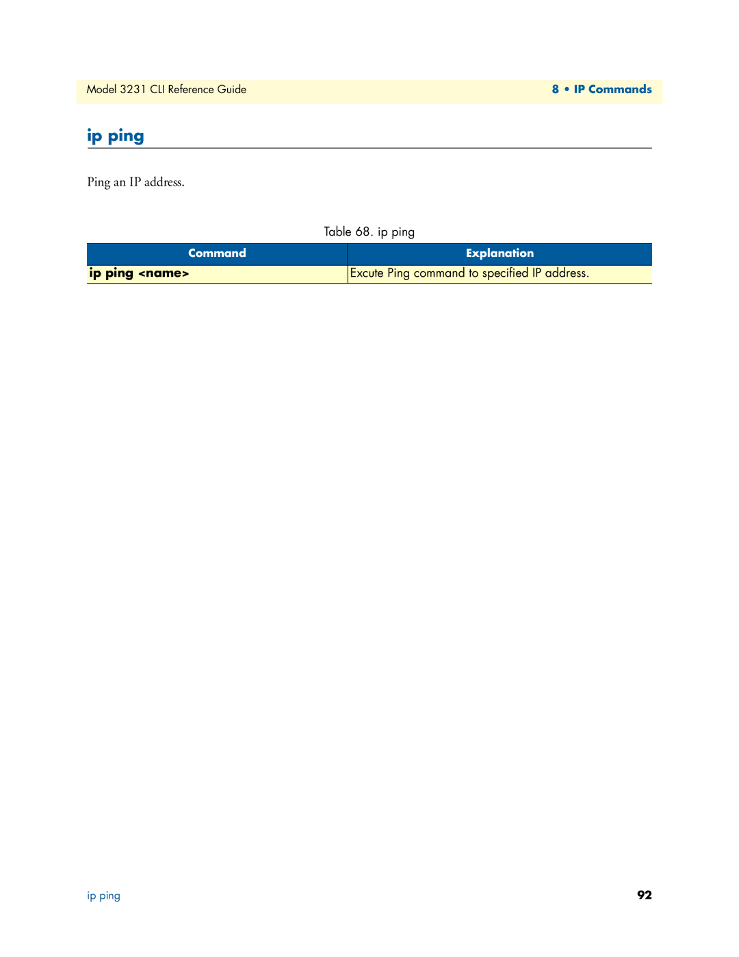 Patton electronic 3231 manual Ip ping, Ping an IP address 