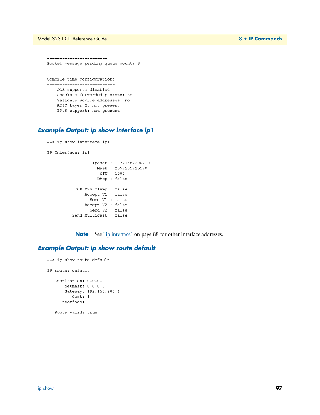 Patton electronic 3231 manual Example Output ip show interface ip1, Example Output ip show route default 