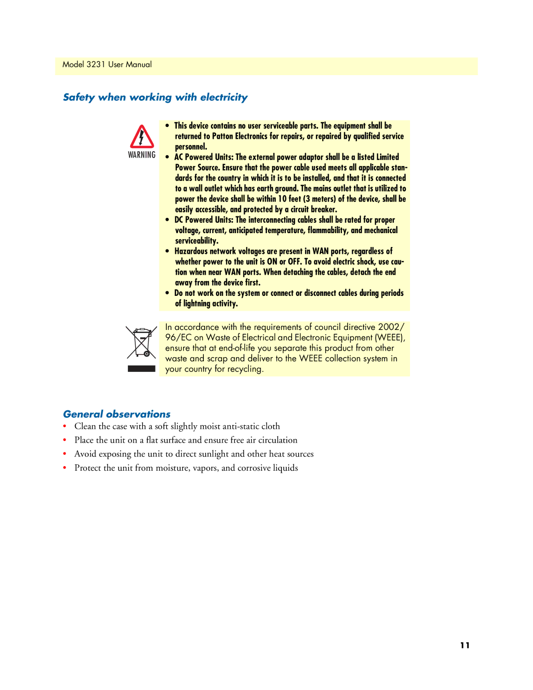 Patton electronic 3231 user manual Safety when working with electricity, General observations 