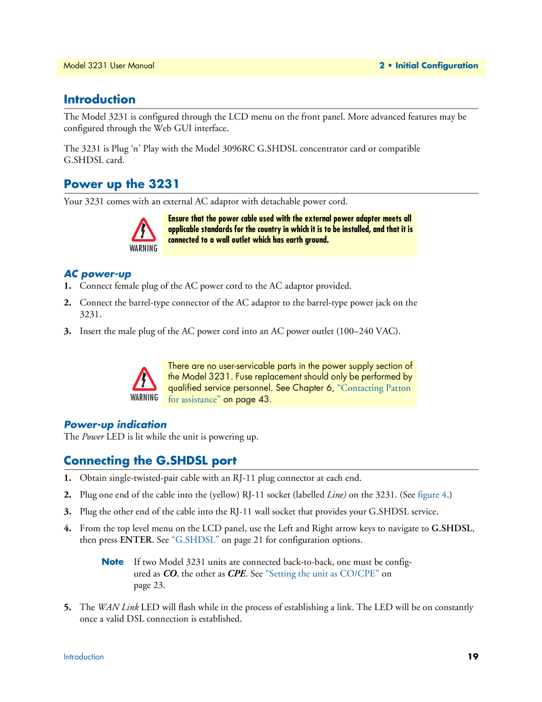 Patton electronic 3231 user manual Introduction, Power up, Connecting the G.SHDSL port, AC power-up, Power-up indication 