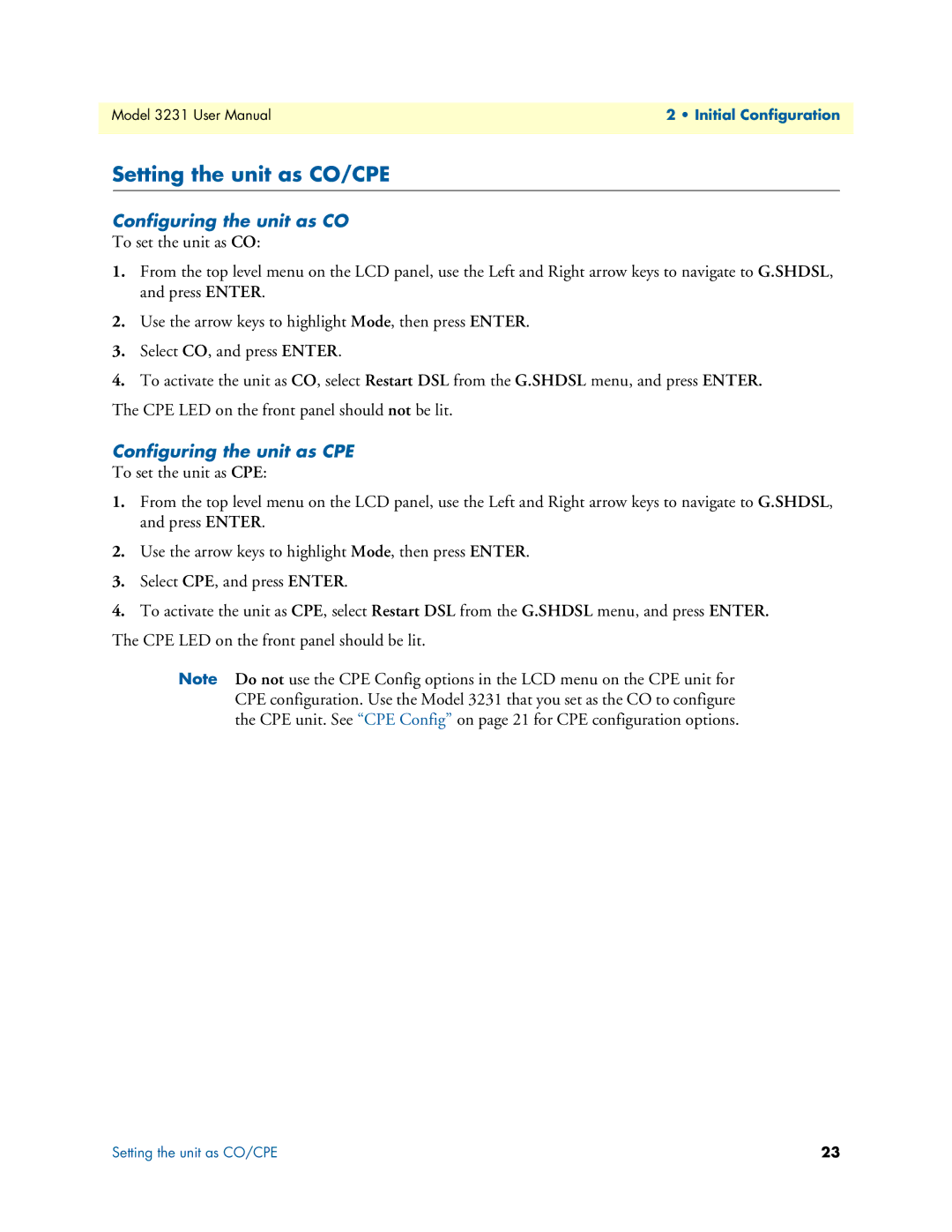 Patton electronic 3231 user manual Setting the unit as CO/CPE, Configuring the unit as CO, Configuring the unit as CPE 