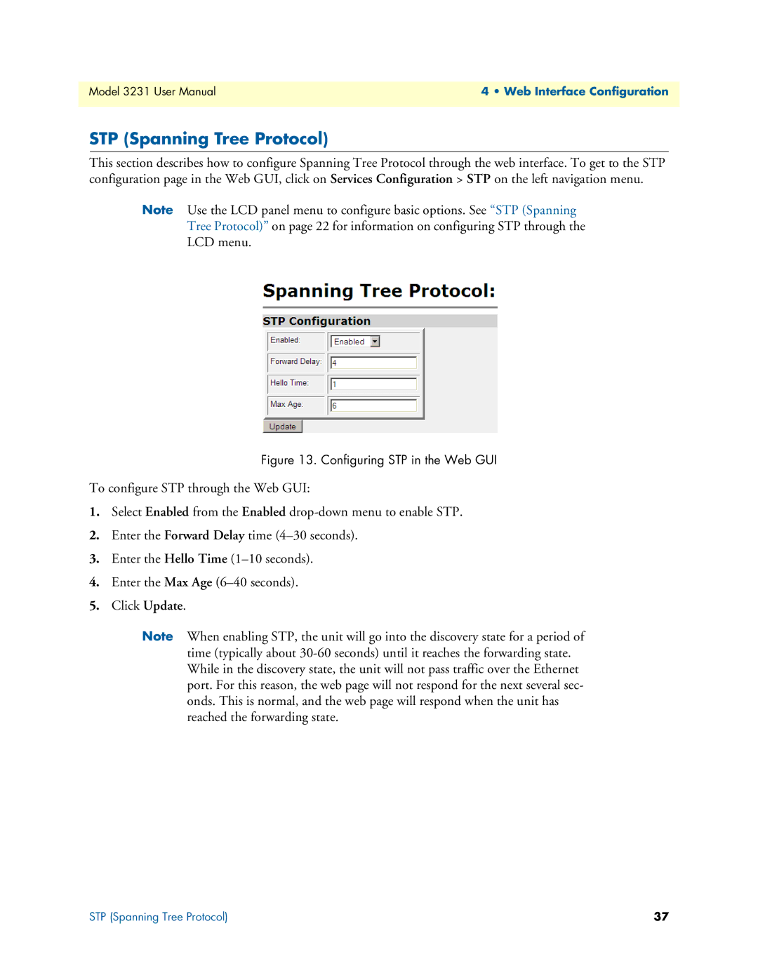 Patton electronic 3231 user manual STP Spanning Tree Protocol, Configuring STP in the Web GUI 