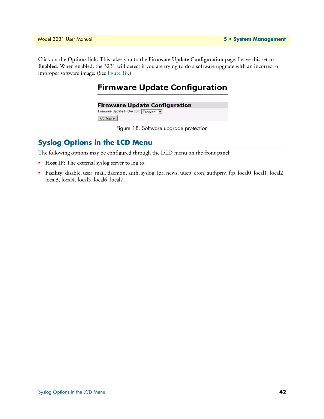 Patton electronic 3231 user manual Syslog Options in the LCD Menu, Software upgrade protection 