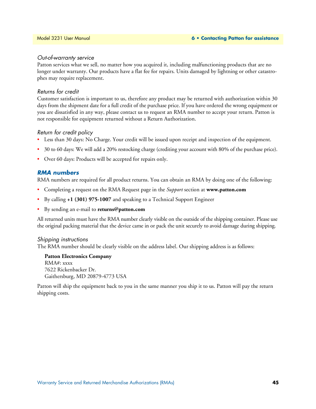 Patton electronic 3231 user manual Out-of-warranty service, RMA numbers 