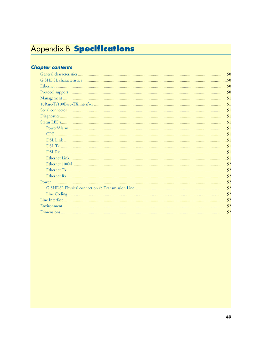 Patton electronic 3231 user manual Appendix B Specifications, Chapter contents 