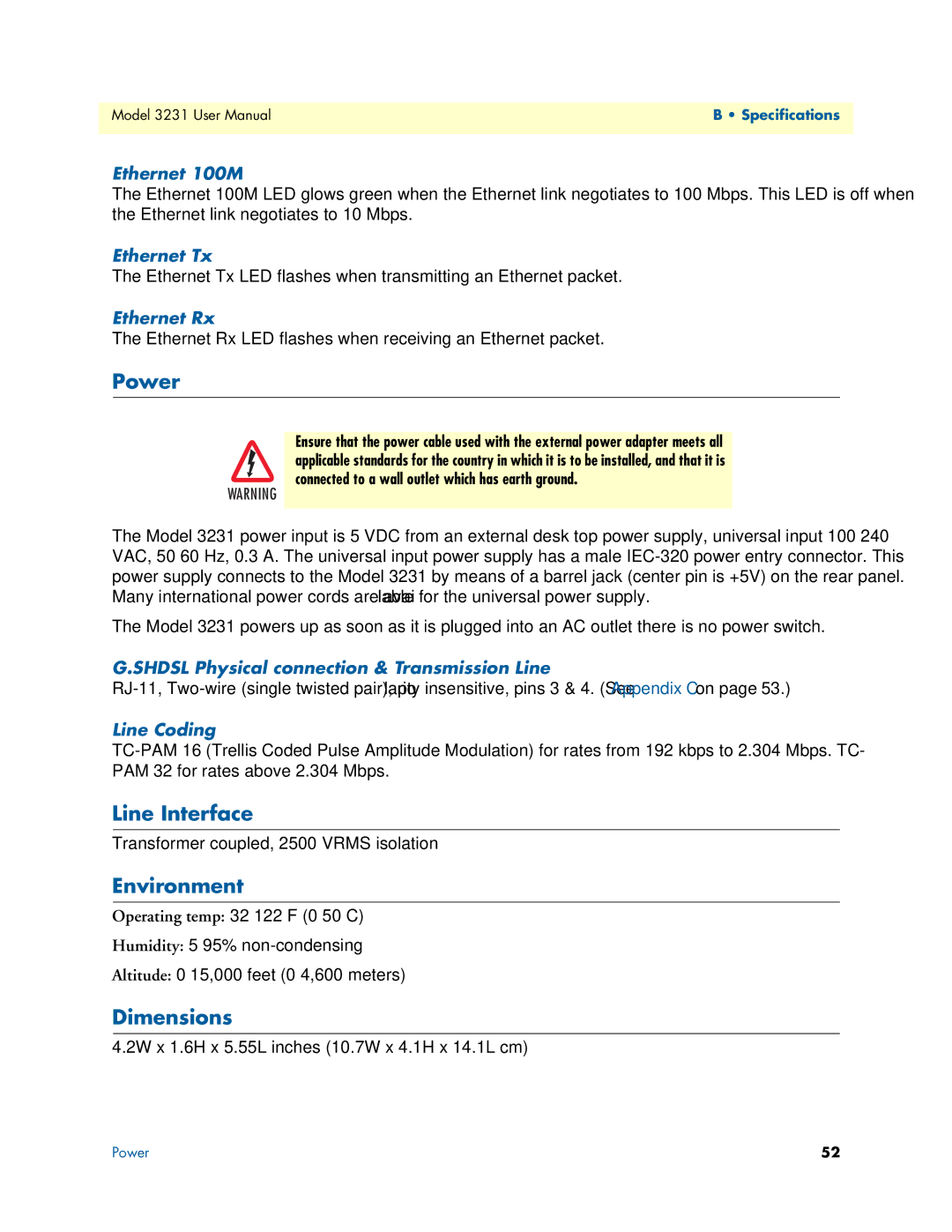 Patton electronic 3231 user manual Power, Line Interface, Environment, Dimensions 