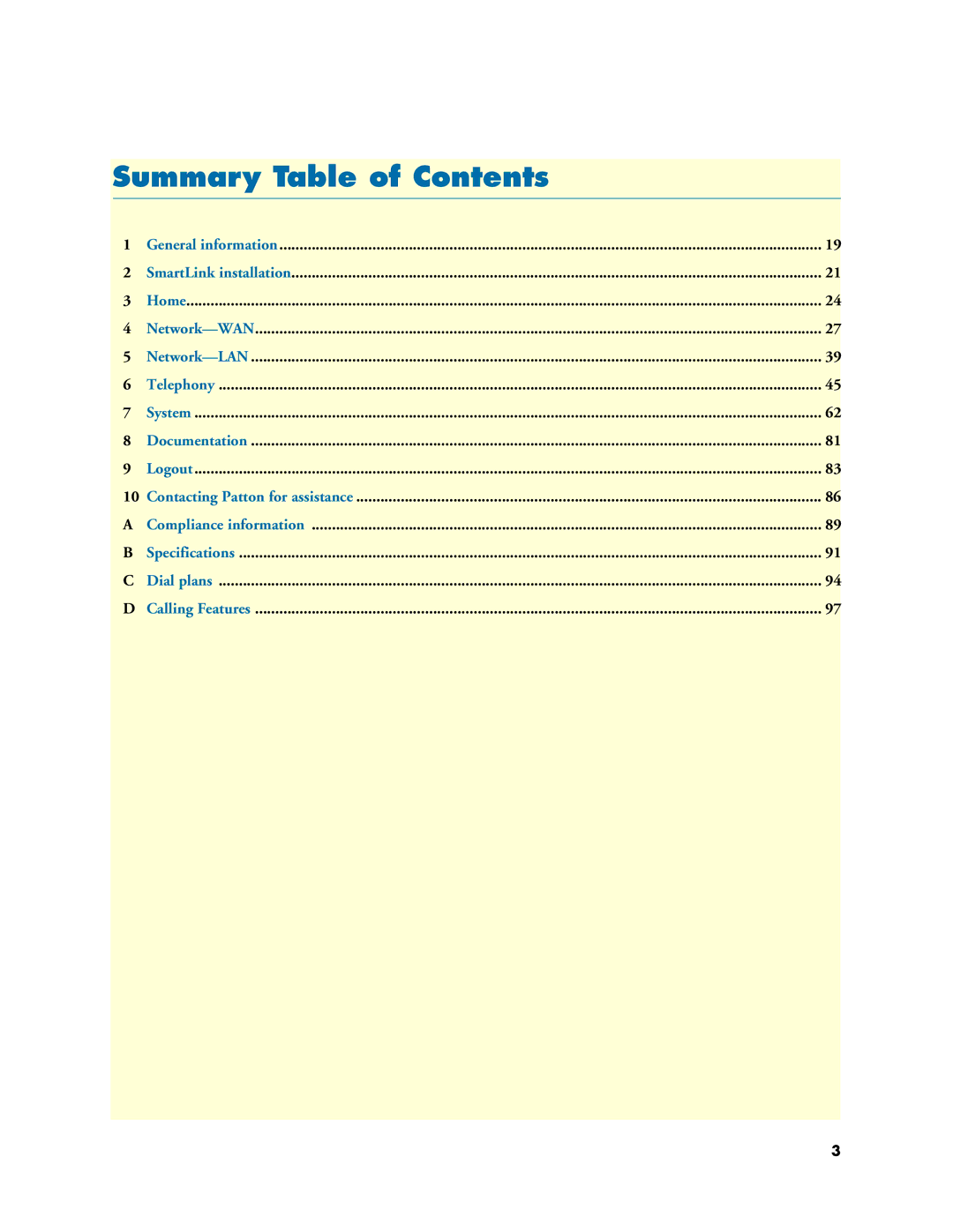 Patton electronic 4020 Series manual Summary Table of Contents 