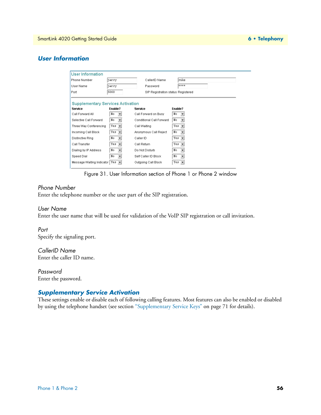 Patton electronic 4020 Series manual User Information, Supplementary Service Activation 