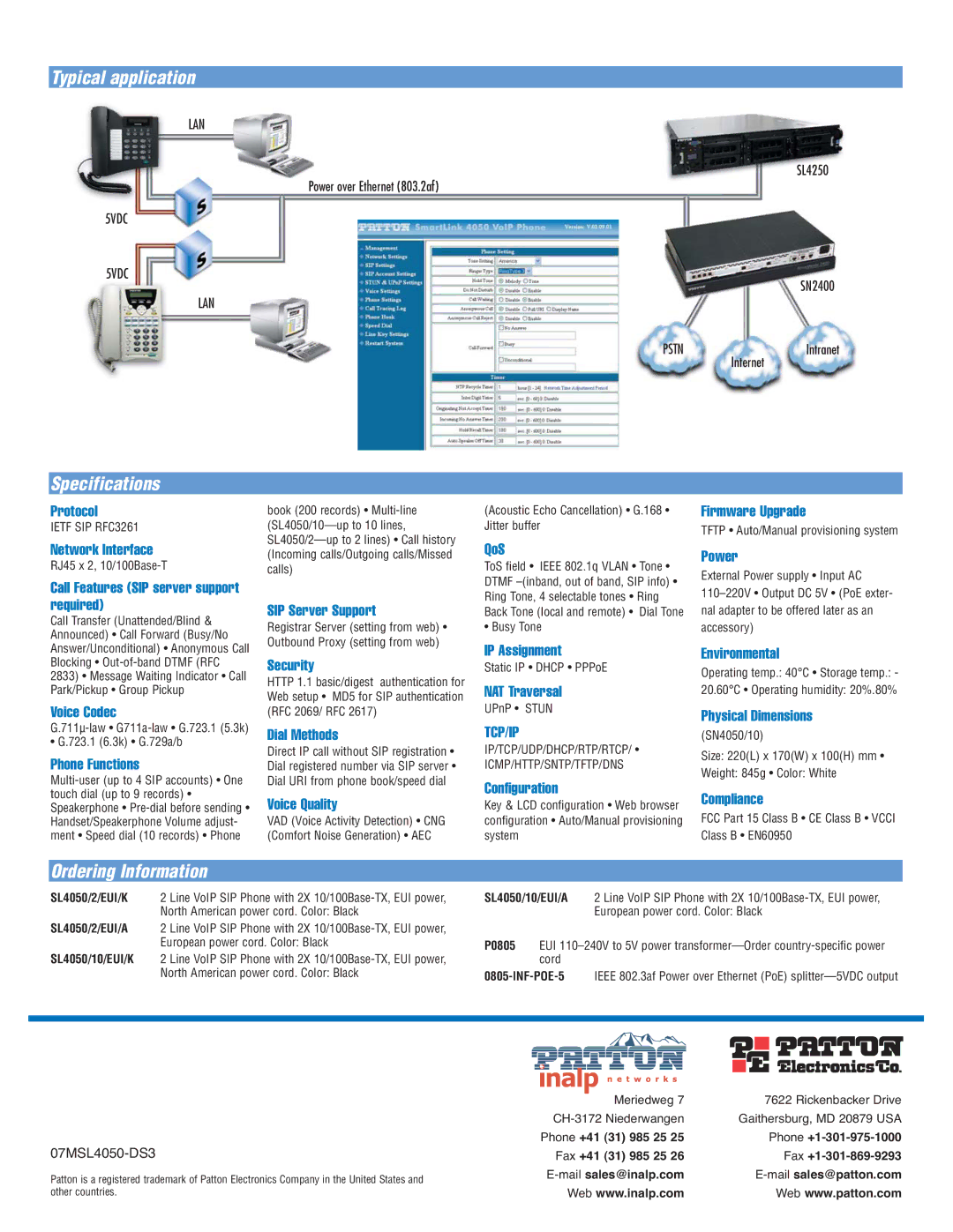 Patton electronic 4050 Series manual Typical application, Specifications, Ordering Information 