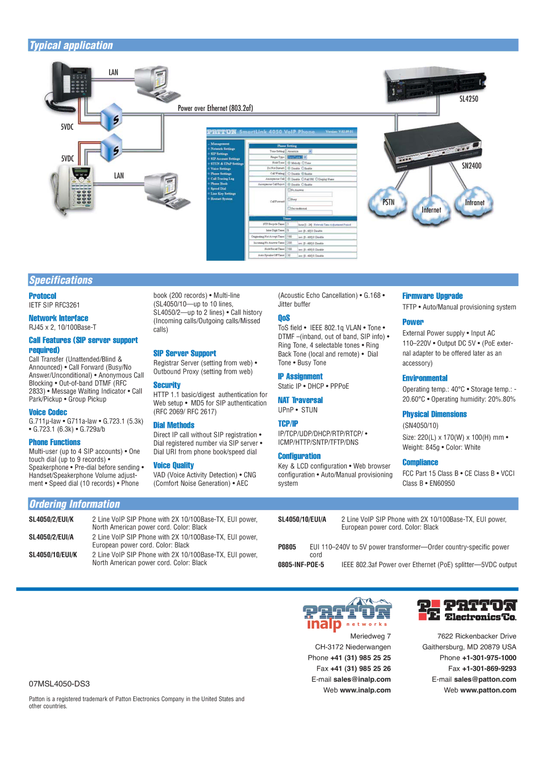 Patton electronic 4050 Protocol, Network Interface, Call Features SIP server support required, SIP Server Support, QoS 