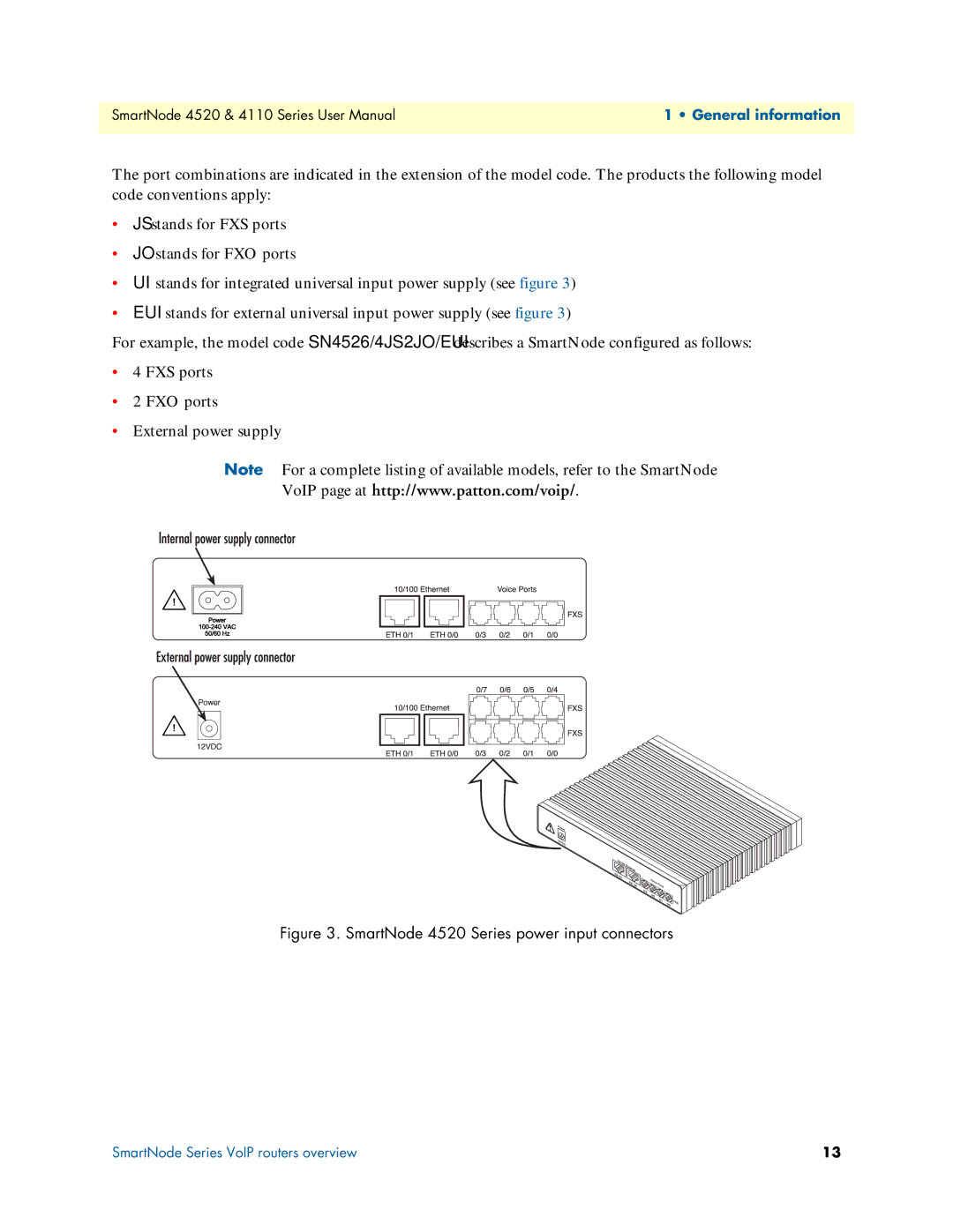 Patton electronic 4110 user manual SmartNode 4520 Series power input connectors 